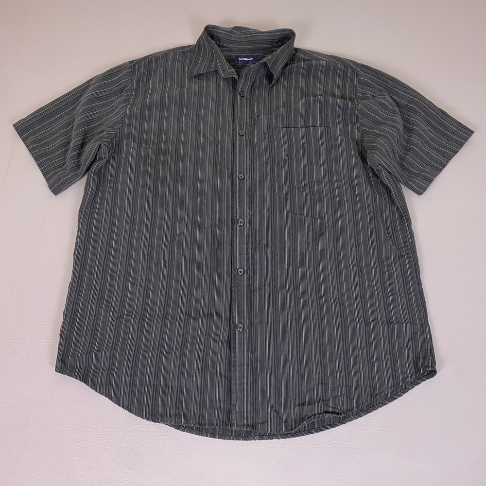 Croft & Barrow‎ Button Up Shirt Mens Large Short Sleeve Black Gray Striped *Flaw